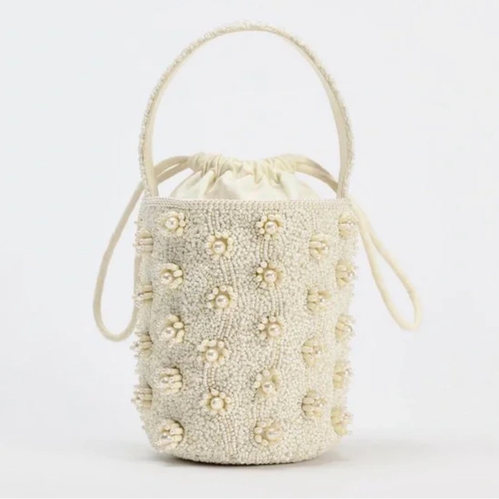 Zara Cream Beaded Floral Bucket Bag